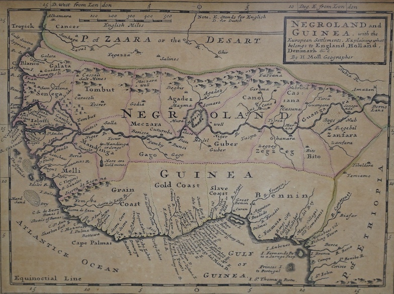 Herman Moll (1654-1732), hand coloured Map of Negroland and Guinea, 21 x 28cm. Condition - fair